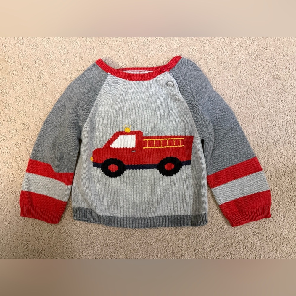 Zubels Firetruck Knit Sweater Toddler 24M Gray Red Fire Truck
